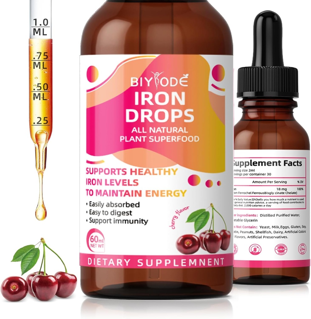 Eisen-Ergänzung für Frauen Tropfen: Flüssige Eisen-Ergänzung mit Vitamin C B12 & Folsäure Gentle Absorption Energie Unterstützung Nicht-Constipating Formel Vegan Zuckerfreie Tropfen
