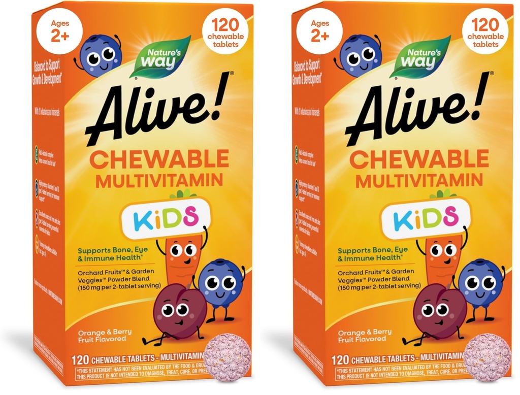 La nature est vivante ! Multivitamines à croquer quotidiennes pour les enfants, qui soutiennent la santé des os, des yeux et des immunes*, des fruits d'orange et des fruits de baie, sans gluten, 120 comprimés à croquer (paquet de mai) (paquet de 2)