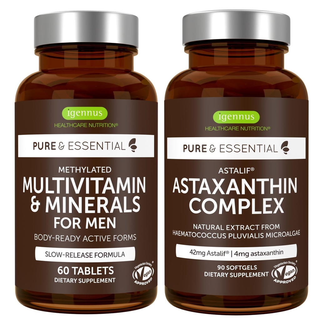 Multivitamina e minerali per gli uomini + Astaxantina Complesso Vegan Bundle, rilascio prolungato Multivitamina + 4 mg H. Pluvialis Natural Astaxanthin, di Igennus
