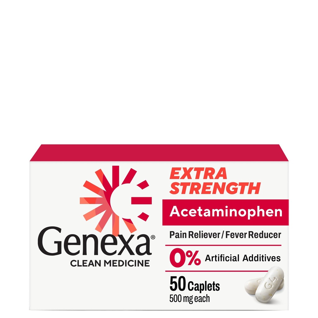 Genexa Clean Acetaminophen 500mg Extra Forza, Die Free Pain Reliever Fever Riduttore, 0% Additivi artificiali, Medicina del dolore per gli adulti, Allevia mal di testa, Backache, Dolore minore artrite, 50 compresse
