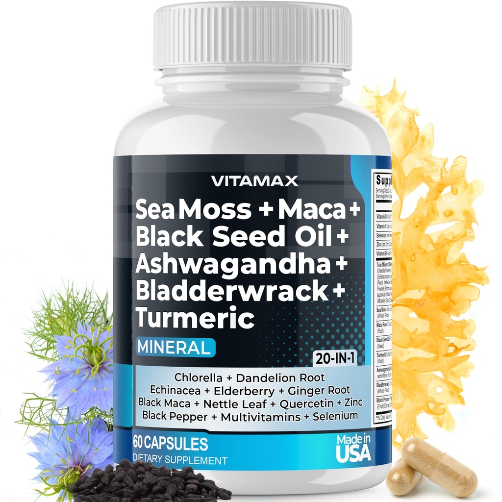 Sea Moss Maca Black Seed Oil Ashwagandha Bladderwrack Turmeric - Manuka Honey, Elderberry, Vitamine C & D3, Dandelion et poivre noir - Non-OGM - Vegan - Fabriqué aux États-Unis - 60ct