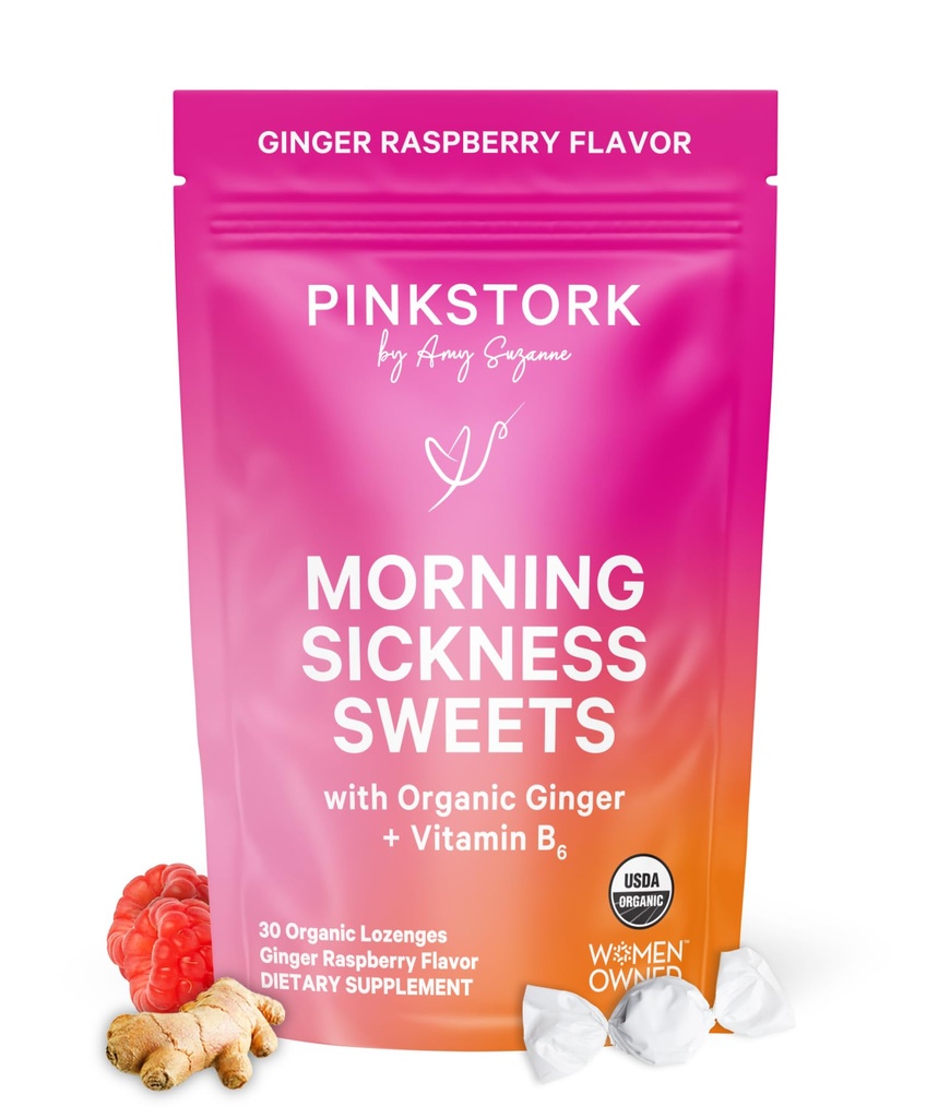 Pink Stork Morning Sickness Sweets, Organic Raspberry Ginger Candy con Vitamina B6, Supporto per il Motion Sickness, Prenatal Heartburn - La gravidanza deve avere - 30 gocce strappate