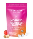 Pink Stork Morning Sickness Sweets, boîte de gingembre aux framboises biologiques avec vitamine B6, soutien de la maladie du mouvement, brûlures d'estomac prénatales - grossesse doit avoir - 30 gouttes enrobées