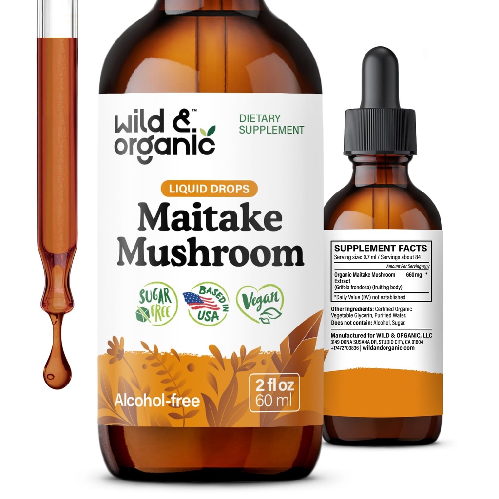 Gocce di funghi di Maitake Wild & Organic - Supplemento di funghi liquido per il supporto immunitario - Tintura di Estratto di Maitake - Vegan, Sugar & Alcohol-Free - 2 fl oz