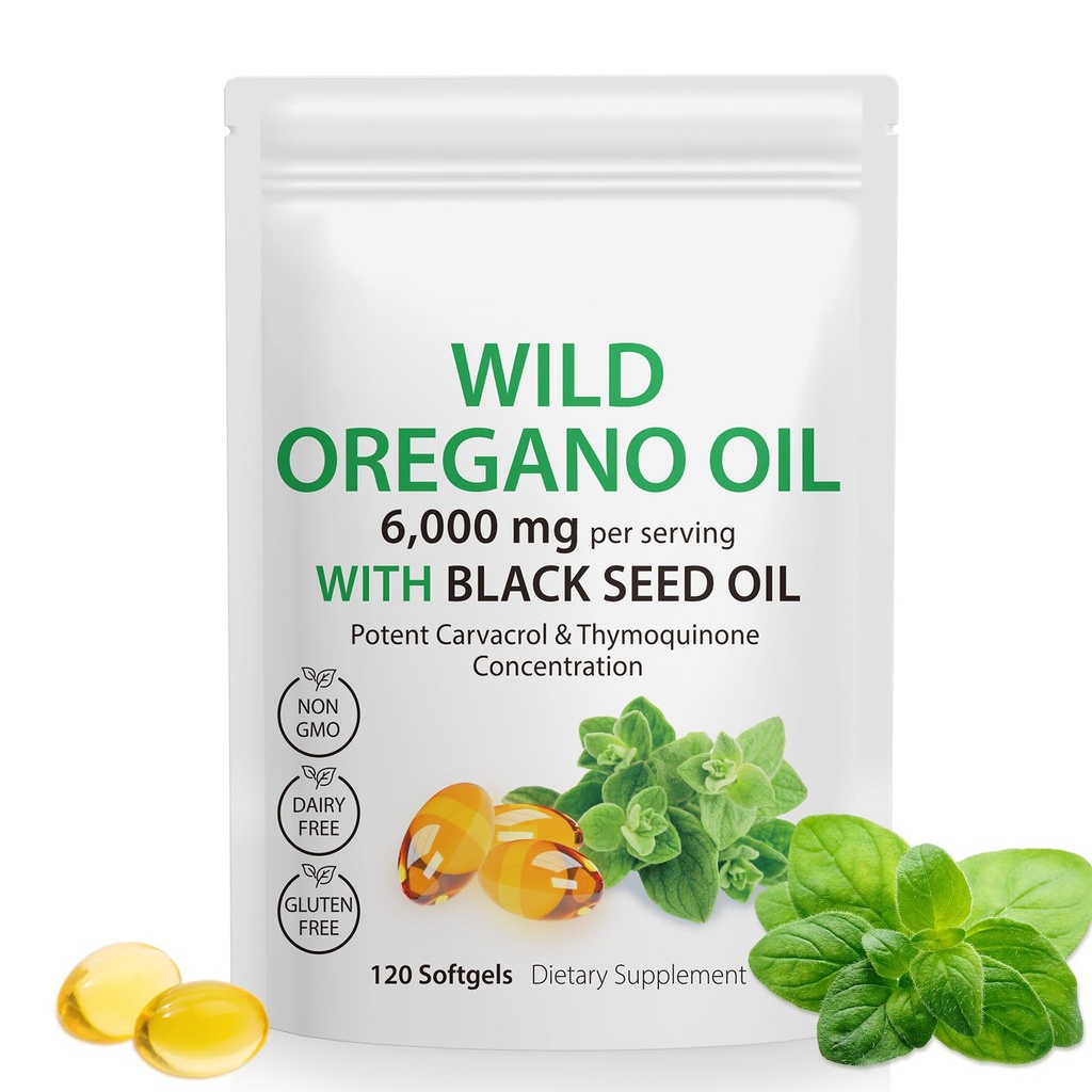 Olio di origano Softgels - Olio di origano selvatico 6000mg con olio di semi nero 200mg capsule, 120 conte, Potente Carvacrol & Thymoquinone, Non OGM, Latticini Free, Gluten Free