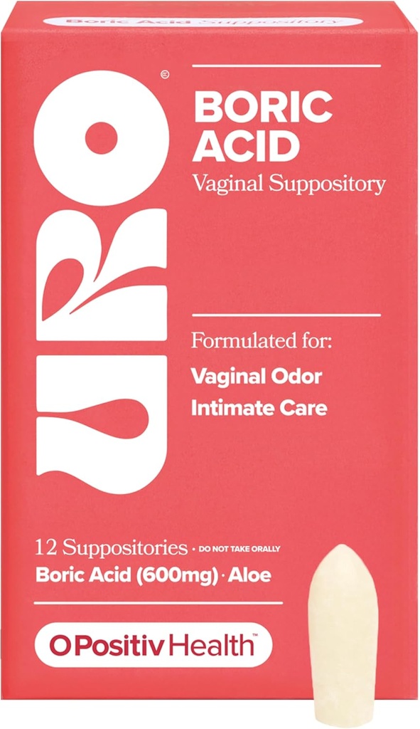 O Positiv URO Boric Acid Vaginal Suppository – con acido lattico, e Aloe per il rapido sollievo e il controllo dell'odore vaginale – Vegan, Libero da Parabeni, Dyes e Fragranze – 12 Conte (Pacchetto di 1)