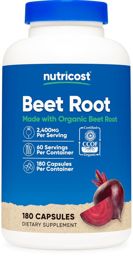 Radice di barbabietola Nutricost 2400mg, 180 Capsule - Certificato CCOF con Radice di barbabietola Organica, Superfood, 60 Serve