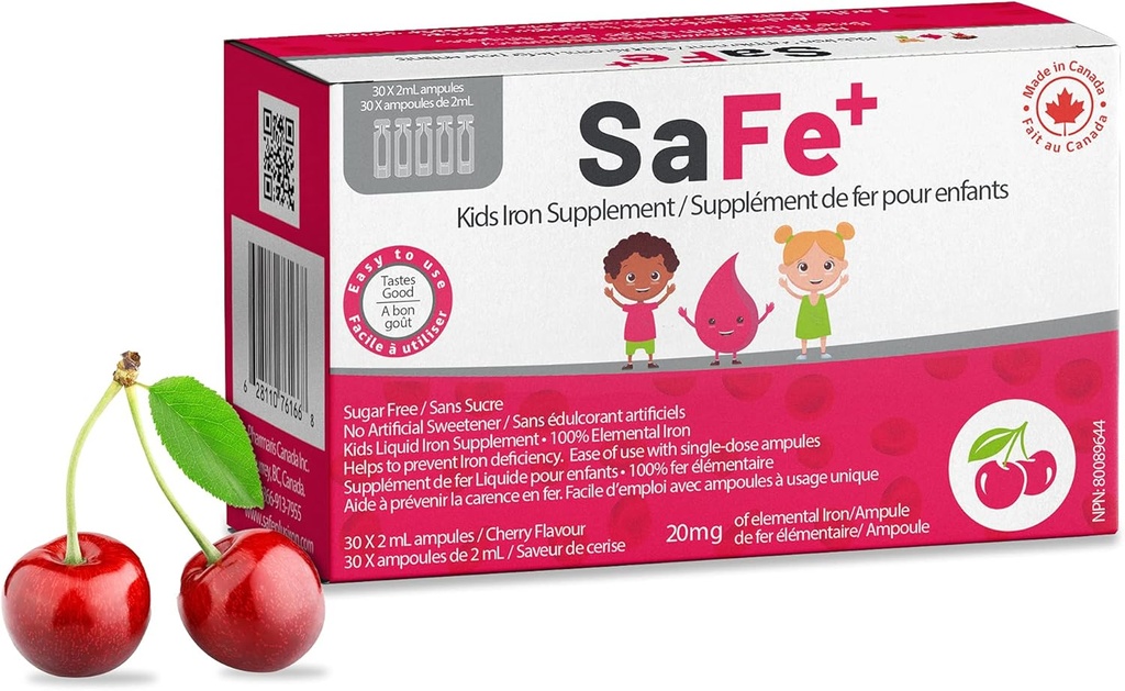 SaFe+ Fer liquide pour les enfants de Grande Dégustation Saveur de cerise Facile à utiliser 20mg/2mL Fer par ampulule de 30 doses unitaires (2 ml chacune) I Sugar Free & Allergen Free Je maintiens le bien-être physique et mental