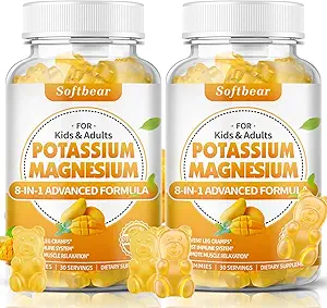 softbear Kalium Magnesium Gummi für Frauen, Calcium Magnesium Kalium Ergänzungen mit Vitaminen Zuckerfreie Kalium-Zitrat-Gummi-Gummi Unterstützung Muskel-Gesundheit, Mango Flavor 120 Zähler