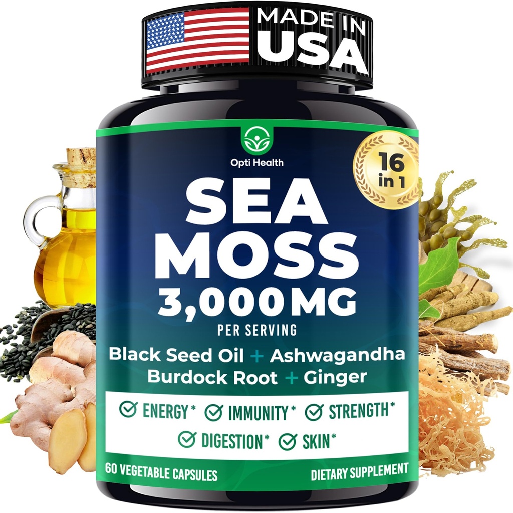 Sea Moss Black Seed Oil Ashwagandha Ginger - Advanced Irish Sea Moss Capsule Tutto in Un Supplemento con Seamoss Black Seed Oil Ashwagandha Burdock Root Bladderwrack - Pillole per Energia, Immune, Gut