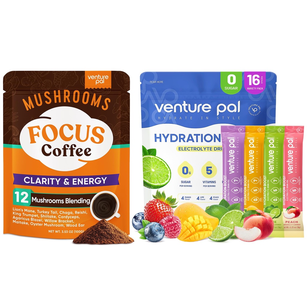 Venture Pal Mushroom Café et électrolyte en poudre: 12 en 1 Café avec Ashwagandha pour Focus & Immunity + packs électrolytes sans sucre avec 5 vitamines et 7 électrolytes - 40 portions et 16 bâtons