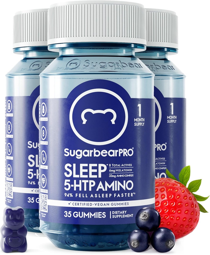 Sugarbear Sleep Gummy 3 Month Supply, Extra Strength Melatonin 6mg, für Männer & Frauen, Vegan Vitamin B6, L-Theanin, 5 HTP, Valerian, Schlafhilfe für Erwachsene & Jugendliche, Certified Kosher, Halal, Cruelty-Free