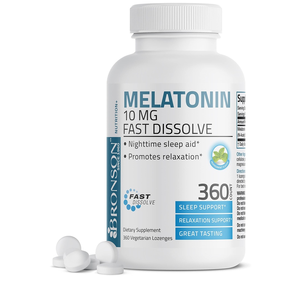 Bronson Melatonin 10 MG Fast Dissolve Peppermint Tablets, promuove il relax, 360 Chewable vegetarian Lozenges