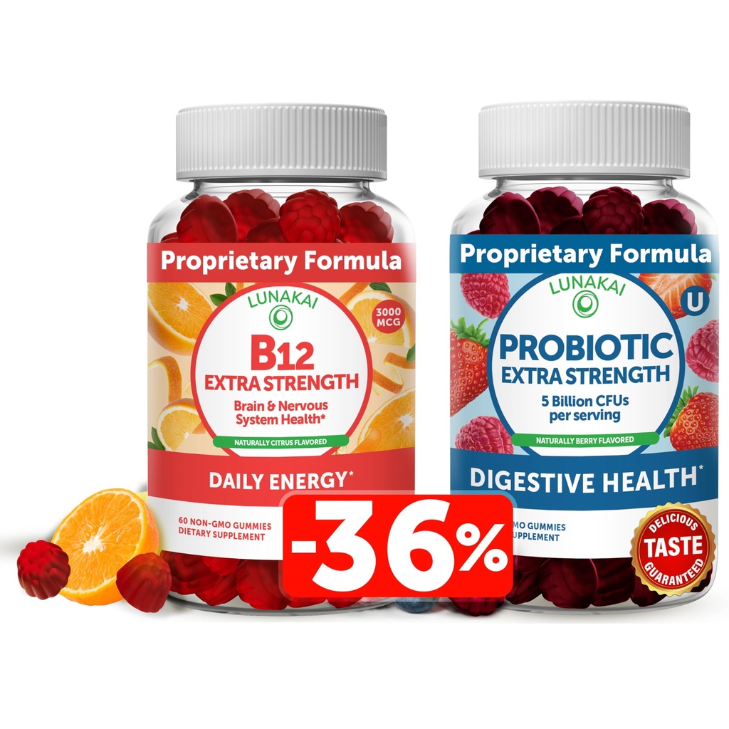 Lunakai Vitamin B12 und Probiotic Gummies Bundle - 3000 mcg Gummy für Erwachsene Energieunterstützung und Knochengesundheit - 5 Billion CFUs pro Servierung für Verdauungsgut Gesundheit mit Vitamin C für Frauen und Männer