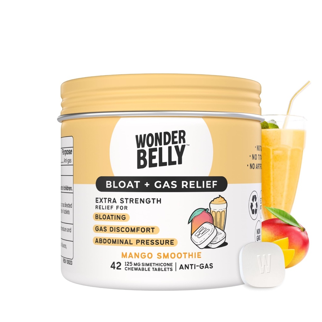 Wonderbelly Bloat + Gas Relief, Compresse da masticare ad alta resistenza, con 125 mg Simethicone, No Talc o Dye, Mango Smoothie, 42 Conte