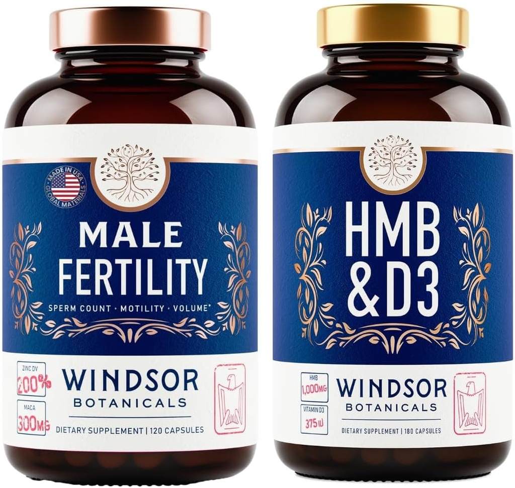 WINDSOR BOTANICALS HMB mit Vitamin D3 und Kalzium und männlichen Fruchtbarkeit Unterstützung Bundle
