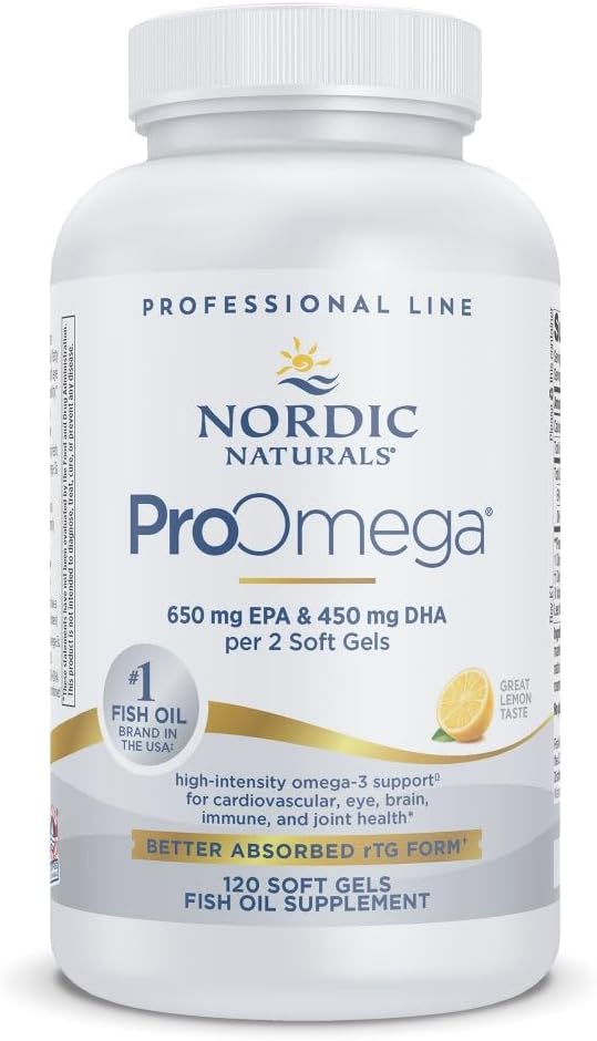 Nordic Naturals ProOmega, Saveur de citron - 120 gels mous - 1280 mg Oméga-3 - Huile de poisson à haute puissance avec EPA et DHA - favorise la santé du cerveau, des yeux, du coeur et des immunes - non-OGM - 60 portions