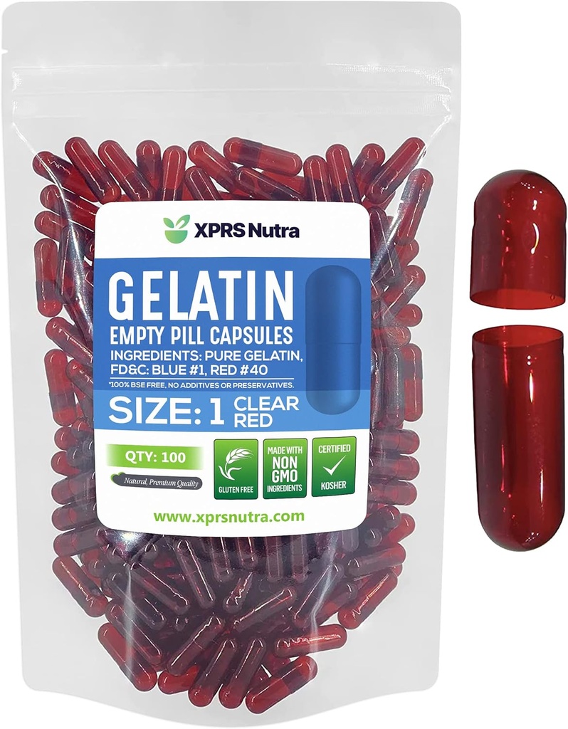 XPRS Nutra Größe 1 Leere Kapseln - 100 Count Farbige leere Gelatine Kapseln - Pille DIY Ergänzung Kapsel Füllung - Füllbare Farbe Gel Kapseln Pillen für Do-It-Yourself Ergänzungen (Clear Red)