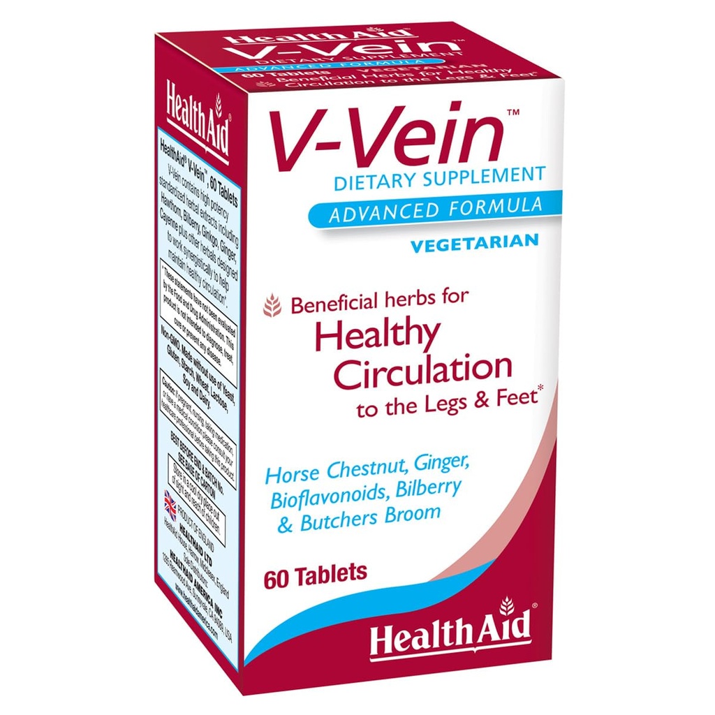 HealthAid V-Vein, Beneficial Nährstoffe für gesunde Zirkulation für Beine und Füße, 60ct, Einmal täglich, Enthält Ginkgo, Getreide Seed, Vitamin C und Bilberry, Vegan