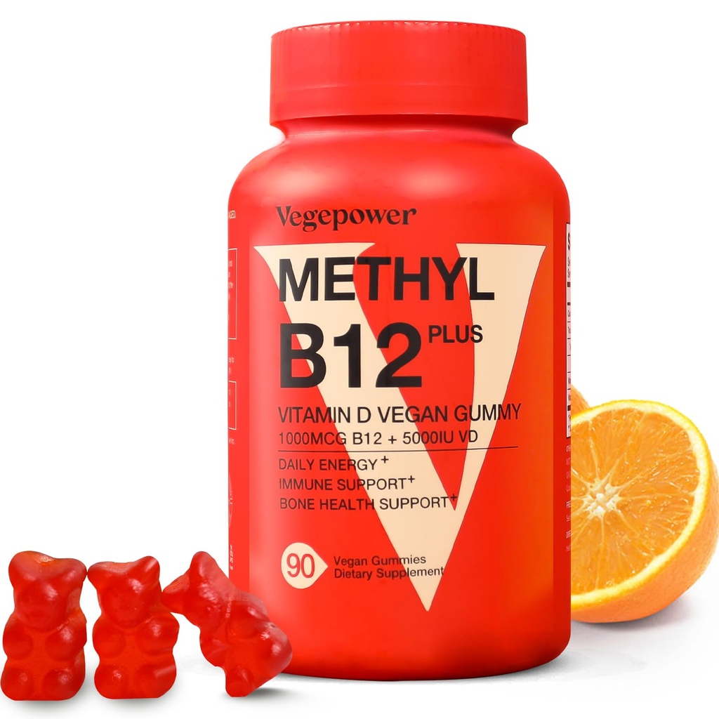 Vitamina B12 D3 Vegan Gummies - 90 Conte I 1000 MCG Methyl B12 & 5000 IU Vitamin D Gummy Chewable Supplements for Adults & Kids - Immune Health & Daily Energy Boost - Non-GMO, Arancione