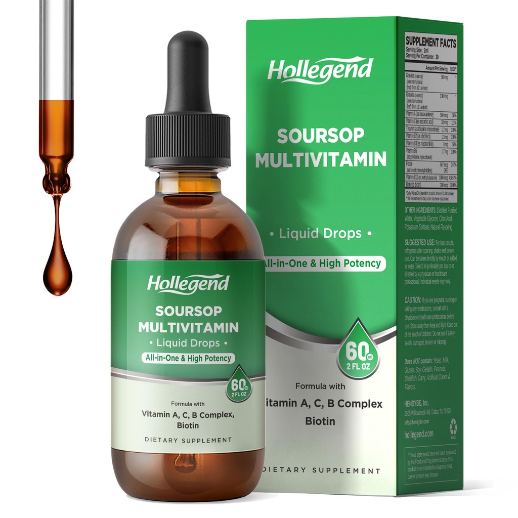 Soursop Multivitamin Flüssigkeitstropfen, Methyliertes Multivitamin mit Graviola Soursop Bitters Flüssigkeit für Immununterstützung, Haar, Haut, Gehirngesundheit, 2 Fl Oz