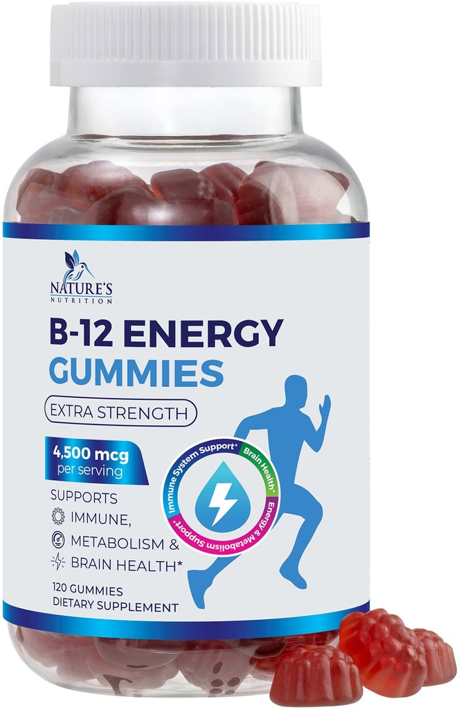 B-12 Vitamin Energy Gummi 4500mcg - Extra Strength B12 Gummy Chewables for Energy Metabolism & Immune Support - Nahrungsergänzung für Frauen, Männer & Kinder - Non-GMO, Vegan, Berry Flavor - 120 Count