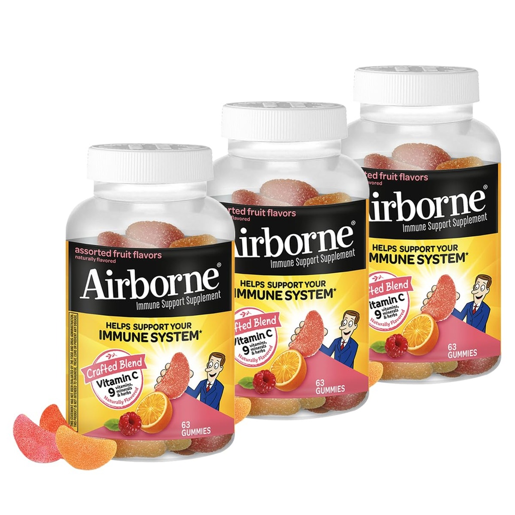 Airborne 750mg Vitamin C Immununterstützungsergänzung für Erwachsene, sortierte Frucht Geschmack, Glutenfreie Crafted Blend mit leistungsstarken Antioxidantien Vitamine A C & E, 63 Gummi (3 Pack)