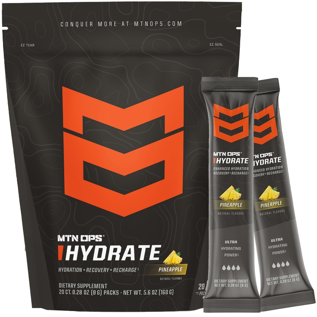 MTN OPS Hydrate Elektrolyte Pulver Getränke Mix, 20 Single Servieren On-The-Go Elektrolyt-Packs mit über 1000mg Elektrolyten pro Servieren, Ananas