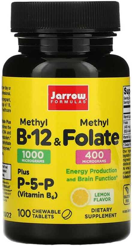 Jarrow Formulas Methyl B-12 & Methyl Folate - 100 Chewable Tablets, Lemon - Pack of 2 - Bioactive Vitamin B12 & B9 - Supports Energy Production, Brain Function & Metabolism - 200 Total Servings