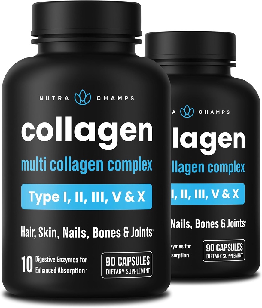 NutraChamps Multi Collagen Pills, Types I,II,III,V,X, Double Hydrolysed Collagen Peptides Capsules en poudre, Supplément protéique pour les femmes et les hommes, 180 Capsules (Pack of 2)
