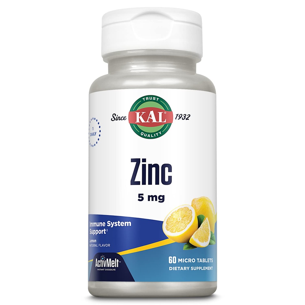 KAL Zinc 5mg Tablets - Zink-Ergänzungen für Damen und Herren, Immununterstützung, Fast-Dissolve für Optimale Absorption, Natürliche Zitronengeschmack, Vegetarisch - 60 Micro Tabletten