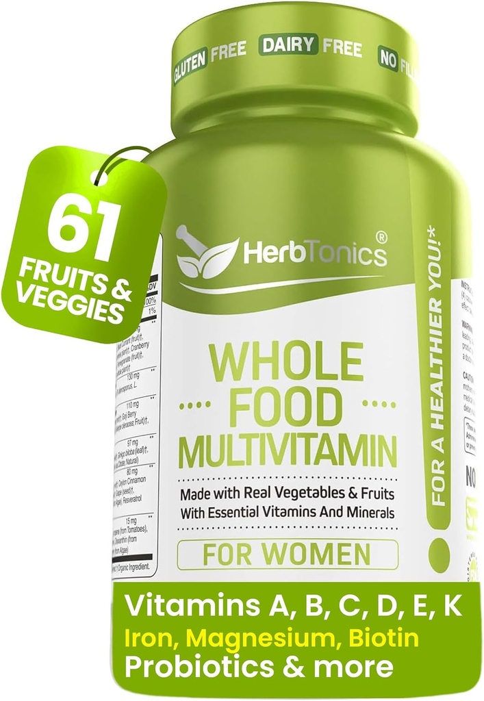 Herbtonics Whole Food Multivitamin per le donne | Realizzato con Superfoods, Verdure reali, Frutta, Vitamina E, A, B Complex | Womens Multivitamin | Non-GMO 120 Vegan Capsule