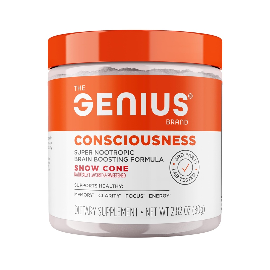 Genius Brand Genius Consciousness - All-in-One Brain Health Supplement für Klarheit - Unterstützt Konzentration, kreatives Denken, Energie & Gedächtnis - Powered by Nootropics - 15 Portionen - Snow Cone