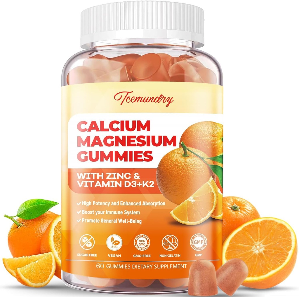 Calcium Magnesium Zink-Gummien mit Vitamin D3 & K2 - Hohe Absorption Magnesium-Glycinat 400mg - Zuckerfreie Kalzium-Ergänzung - Unterstützung Nerve Muskel- und Immunität - für Erwachsene Männer Frauen Kinder