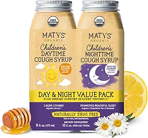 Matys Organic Kids Cough Syrup Day & Night Combo für Kinder 1 Jahr +, Beruhigende Cough Relief w/Zinc, Melatonin & Dye Free, 2 Flaschen, 6 fl oz