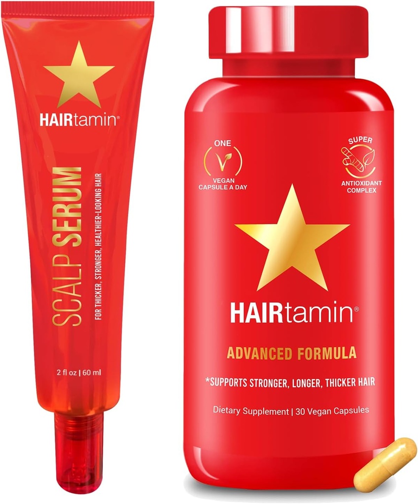 HAIRtamin Advanced Hair & Scalp Serum Pack | All-Natural Vegan Biotin Kapseln & Serum Probe für Haar, Haut & Nail Wachstum