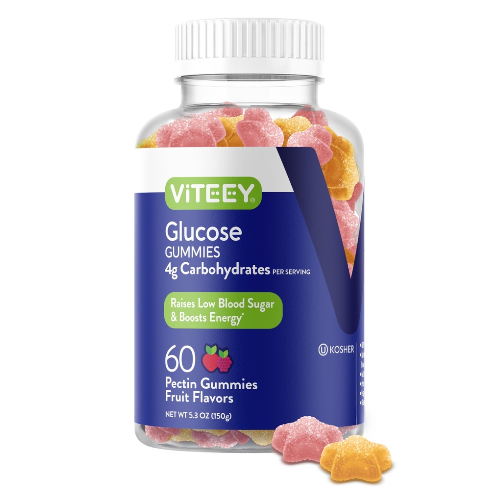 Viteey Glucose Gummies - 4g di Carbohydrates - Veloce alternativa di azione a Glucose Tablets - Energy and Blood Sugar Support - Vegan, Gluten Free, Gelatin Free - 60 Count