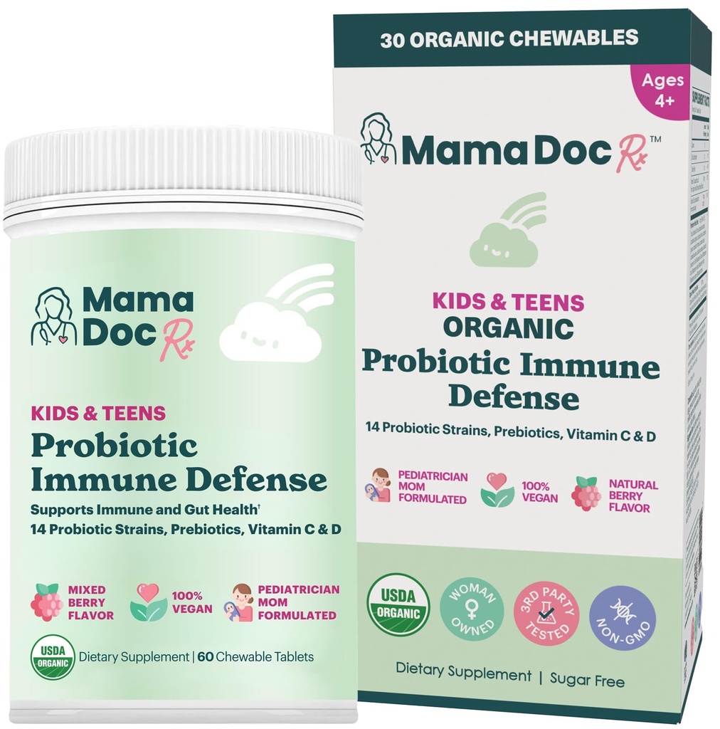 Certified Organic Kids & Teens Probiotic Immune Defense - 5 milliards d'UCF , sans sucre, végétalien, sans gluten , 14 souches probiotiques, prébiotiques, vitamine C & D , 30 comprimés à croquer, 4 ans et plus