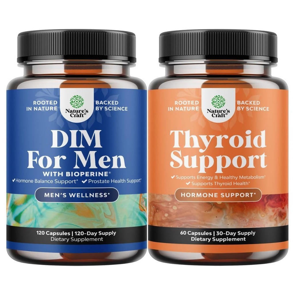 Ensemble de complément DIM pour les hommes avec Panax Ginseng Bioperine Graines & Astragalus pour la santé de la prostate et complexe de soutien thyroïde à base de plantes avec L Tyrosine, Bladderwrack, Sélénium & Pure Ashwagandha
