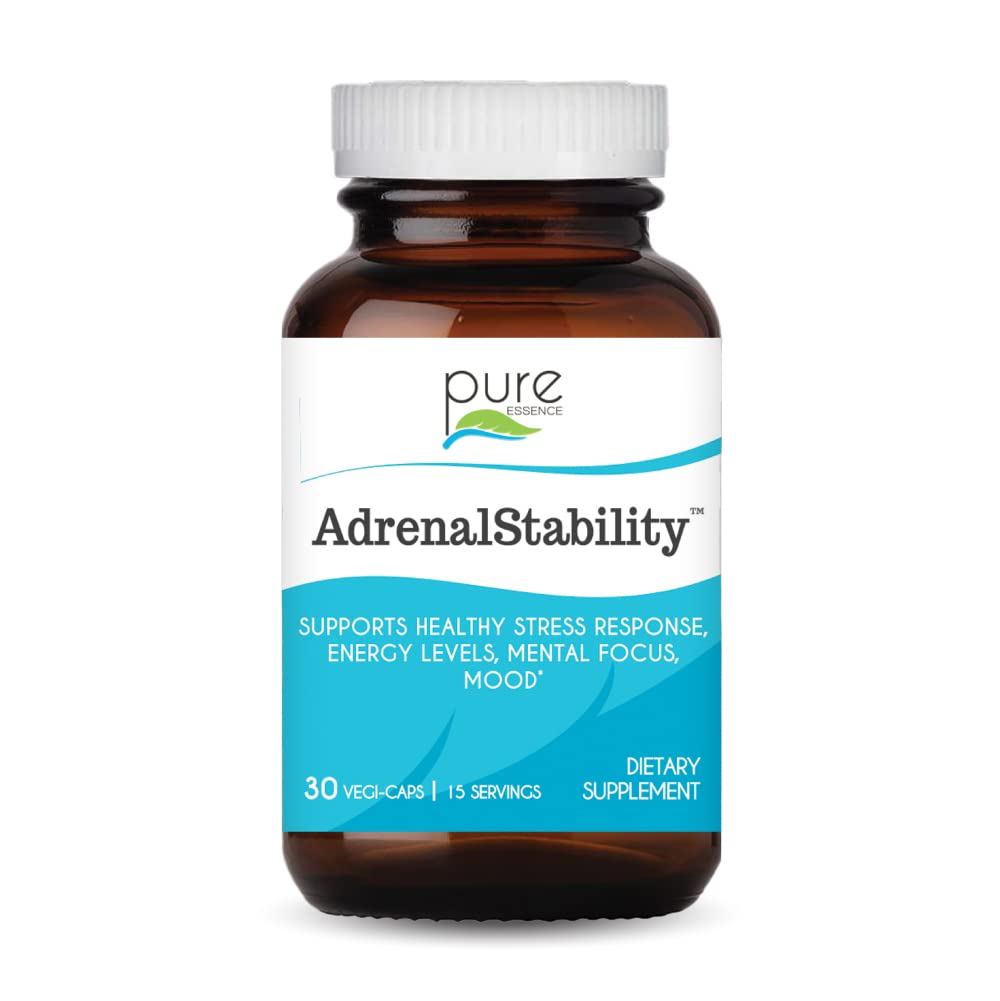 Stabilité adrénale par Essence Pure - Supplément de fatigue adrénale avec Ashwagandha, Saint Basilic, soutient la réponse au stress sain, énergie, sommeil (30 capsules)