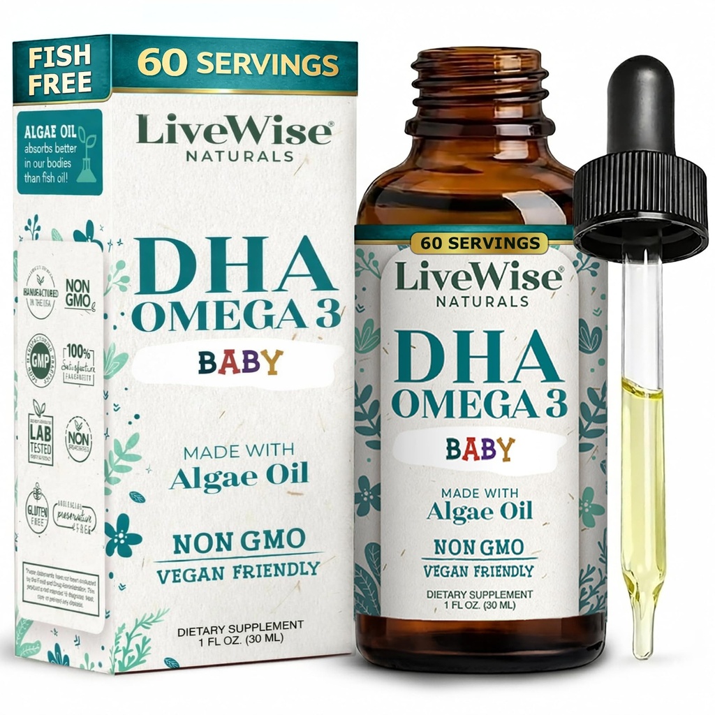 LiveWise Naturals DHA Omega-3 Flüssigkeitstropfen für Kleinkinder und Kleinkinder, Vegan-Friendly Omega-3 Essential Supplement, fördert gesundes Gehirn, Augen, Körper Verteidigung, Baby und Kleinkind Ernährung