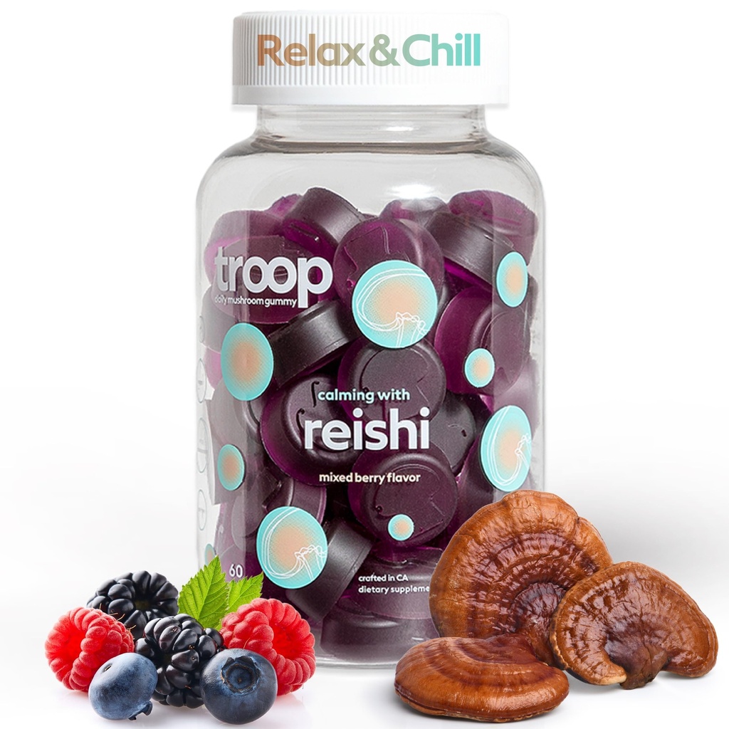 Troop Reishi Mushroom Gummies - Gummie calmanti per adulti e bambini - Integratore di messa a fuoco per lo stress, Rilassamento, Supporto immunitario - 4000mg Corpo di fruttificazione triplo-estratto - Bacca mista, 60 Conte