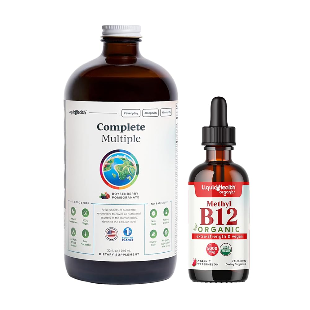 LIQUIDHEALTH Multivitamine quotidienne complète et multivitamine biologique B12 5000mcg gouttes de vitamine avec jus de cerise de tart pour le soutien immunitaire, stimuler l'énergie naturelle, améliorer la mémoire et la concentration, santé globale