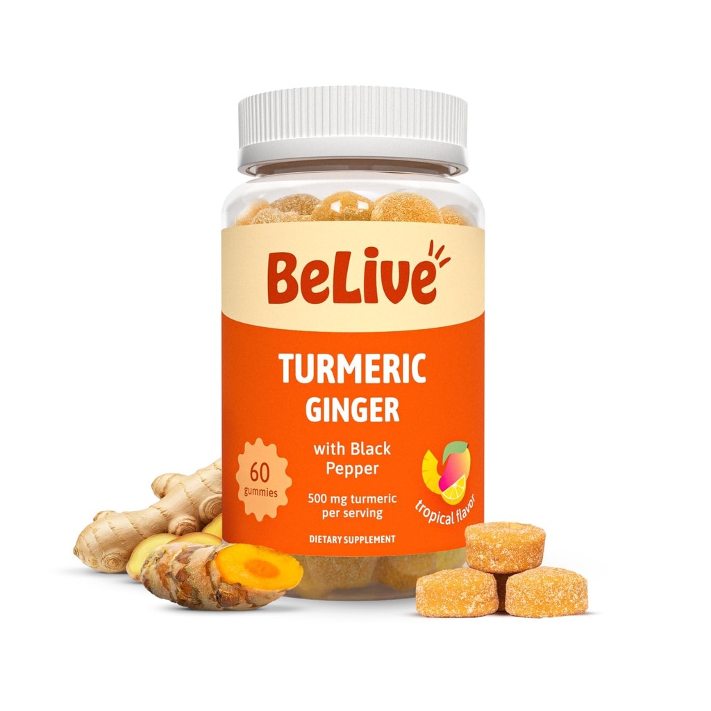 BeLive Turmeric Curcumin mit schwarzem Pfeffer & Ginger - 500 mg Turmeric und Ginger Supplement für Immununterstützung, Gesunde Haut und Mobilität - Tropical Flavor | 60 Count