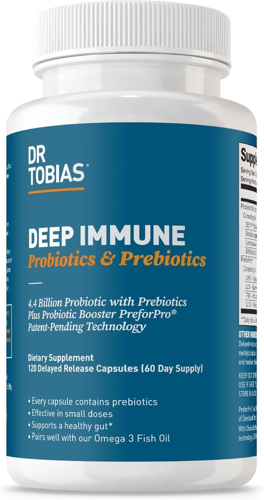 Dr Tobias Probiotiques et prébiotiques d'Immune profonde, Digestion double action et soutien immunitaire avec PreforPro Prébiotiques et spore à libération différée formant des probiotiques pour les femmes et les hommes, 120 capsules, 60 portions