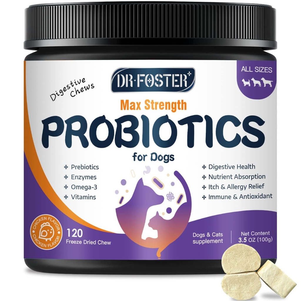 Probiotiques pour chiens, probiotiques pour chiens congelés et enzymes digestives, plus Oméga-3 pour peau démangeeuse, prébiotiques 3-en-1 pour la santé digestive, vitamines pour chiens et suppléments pour la santé immunitaire, 120 bits