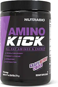 NutraBio Amino Kick – BCAA Pulver mit natürlichem Koffein – Aminosäure-Ergänzung für Energie, Hydration & Recovery – BCAAs, Elektrolyte & Aminosäuren – Traubenbeeren-Crush, 30 Portionen