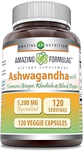 Formules étonnantes Supplément Ashwagandha , Contient Turmeric, Ginger, Rhodiola, & Black Pepper , 5200 Mg par service , Capsules Veggie , Non-GMO , Sans gluten , Fabriqué aux États-Unis (1 Pack , 120 comte)