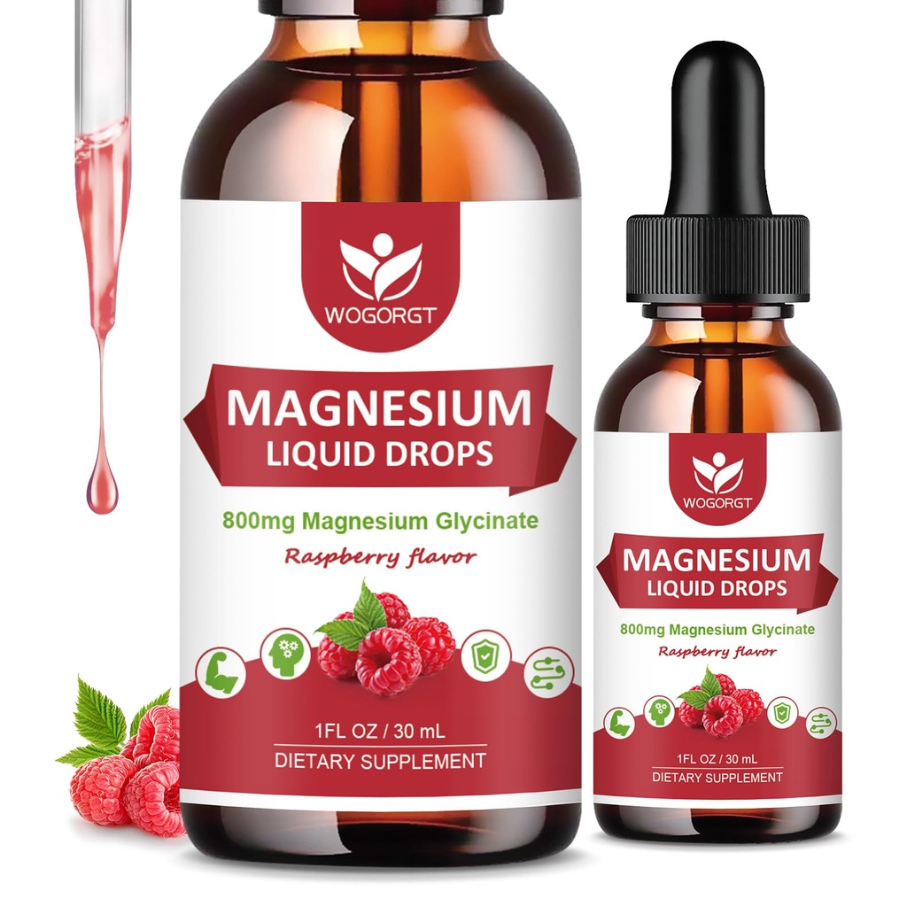 (2 Pack) Magnesium Glycinate Flüssigkeitstropfen mit Citrat & Taurate - Hohe Absorption 1000mg flüssiges Magnesium-Komplex mit D3, GABA, L-Theanin für Kognition, Muskel & Fokus, Raspberry Flavor - 30mL