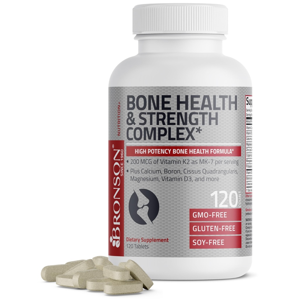 Bronson Bone Health & Strength Complex* Formule de haute puissance 200 MCG de vitamine K2 comme MK7, Plus Calcium, Boron, Cisus Quadrangularis, Magnésium, Vitamine D3, et plus - Non-OGM, 120 comprimés